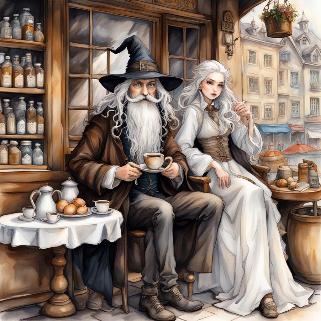 Wizard and Witch in Cafe, Ink Illustration