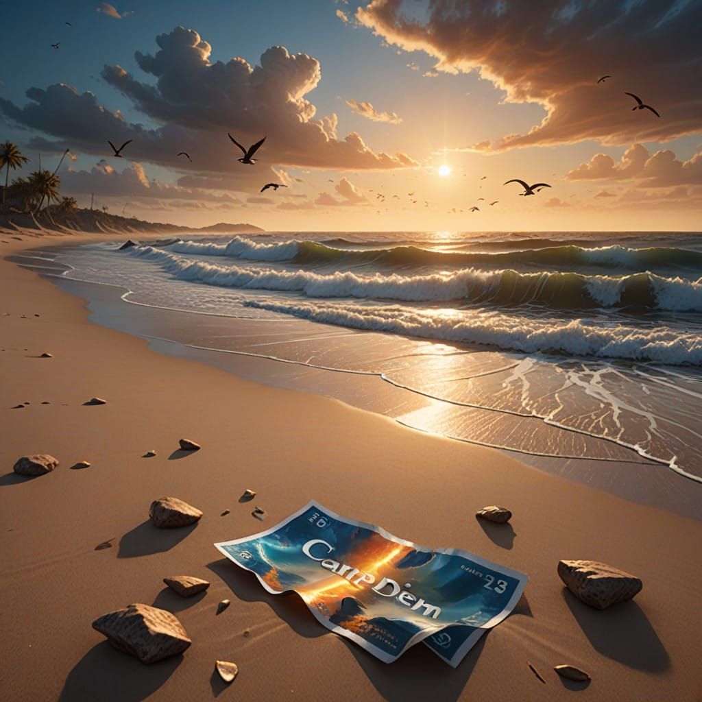 Golden Hour on Serene Ocean Beach, Carpe Diem Moment