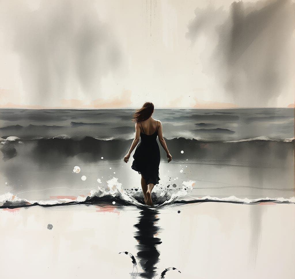 Woman in Sea: Charcoal Sketch Aesthetic