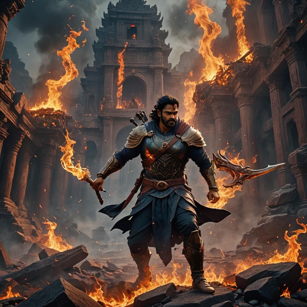 Prabhas in Fire: Detailed Matte Painting