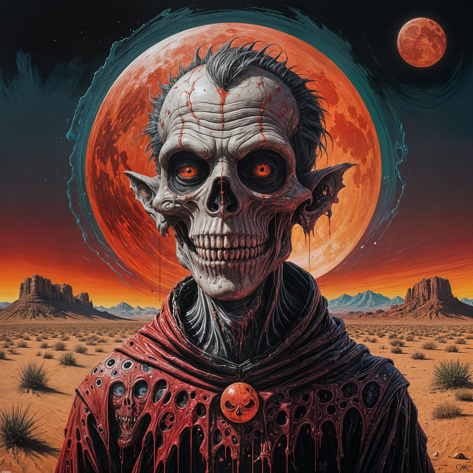 Grotesque Ghoul Portrait Under Red Moon, Graffiti Art