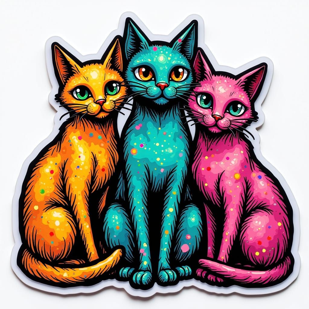 Holographic Glittery Cat Sticker: Neon Alcohol Ink Doodle Ar...