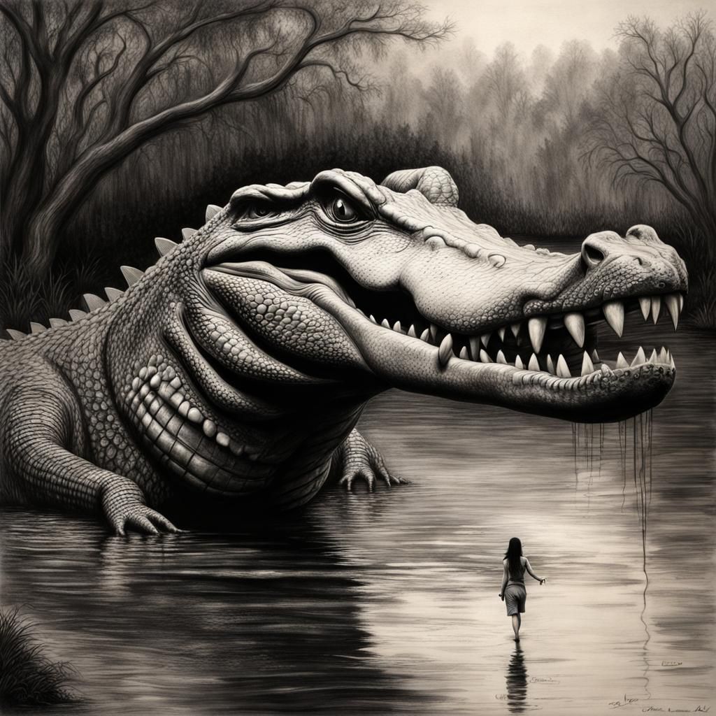 Scary Crocodile in Deep Water: A Detailed Charcoal Painting