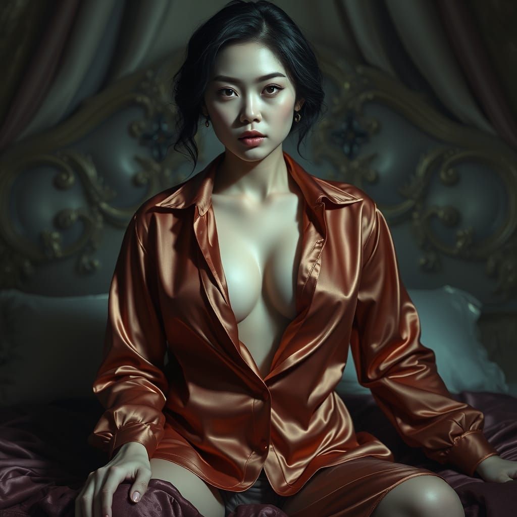 Mysterious Asian Woman in Luxurious Satin Attire