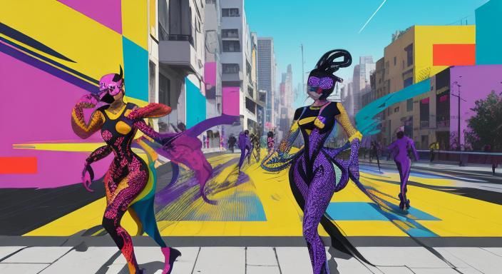 Abstract Expressionist Figures Strutting on a City Street