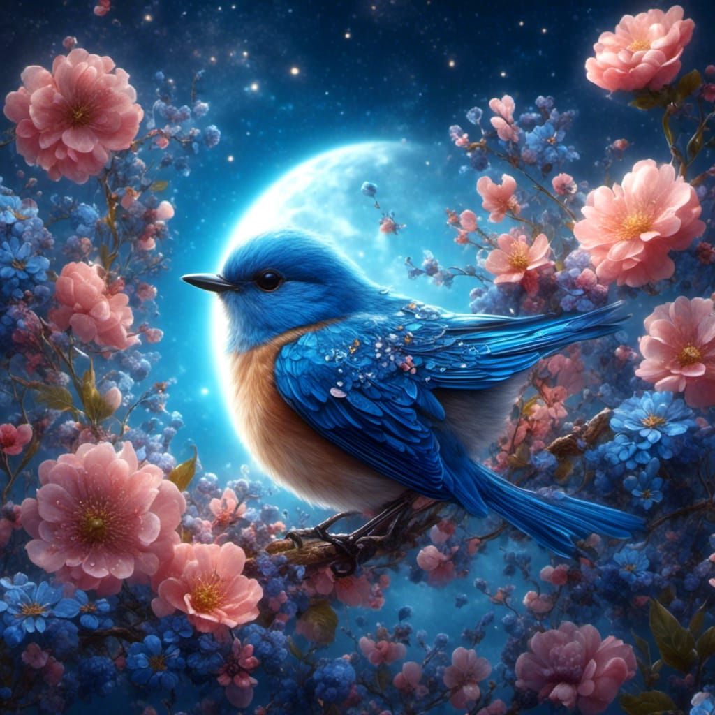 Bluebird in Floral Landscape, Josephine Wall Style