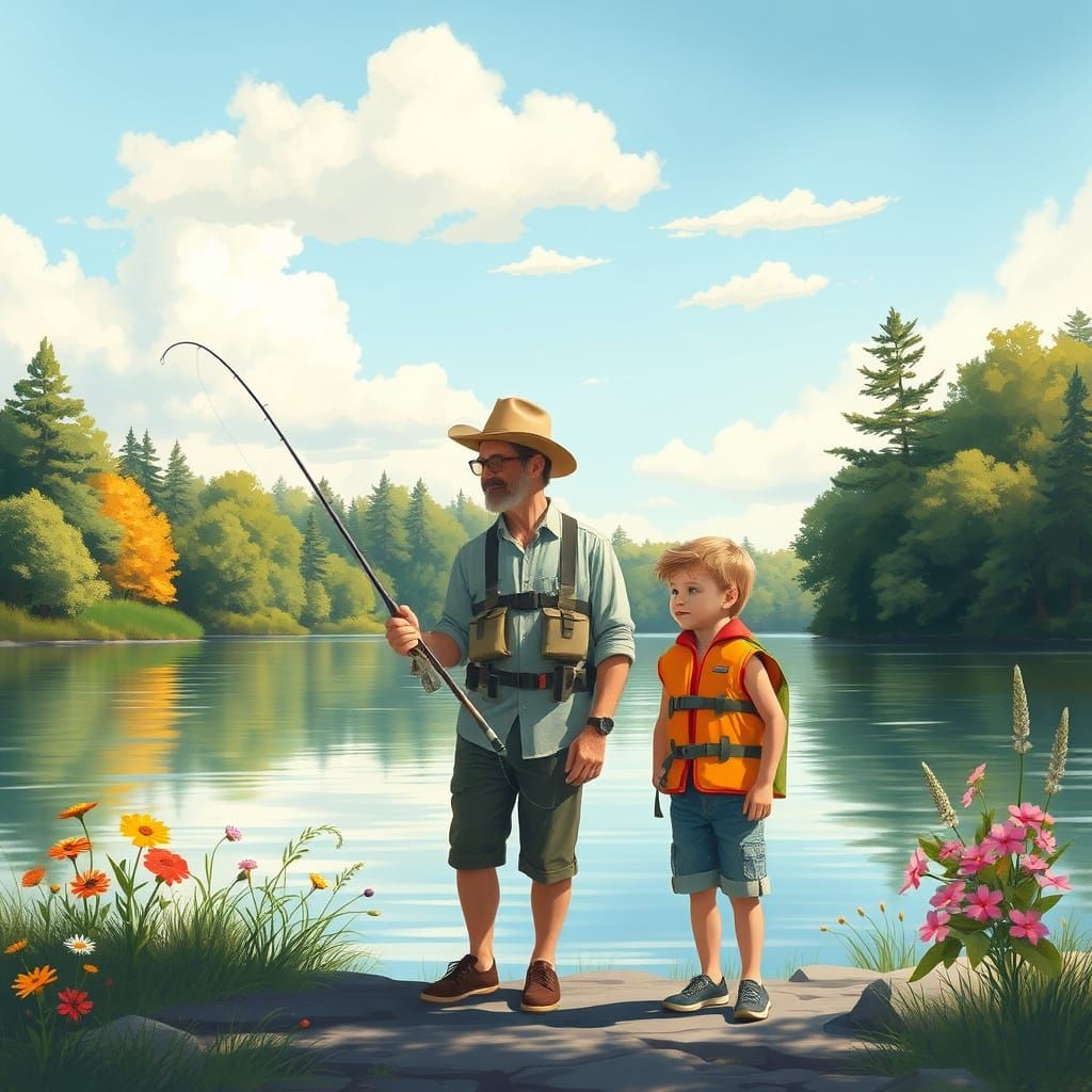 Father and Child Fishing on a Serene Lake