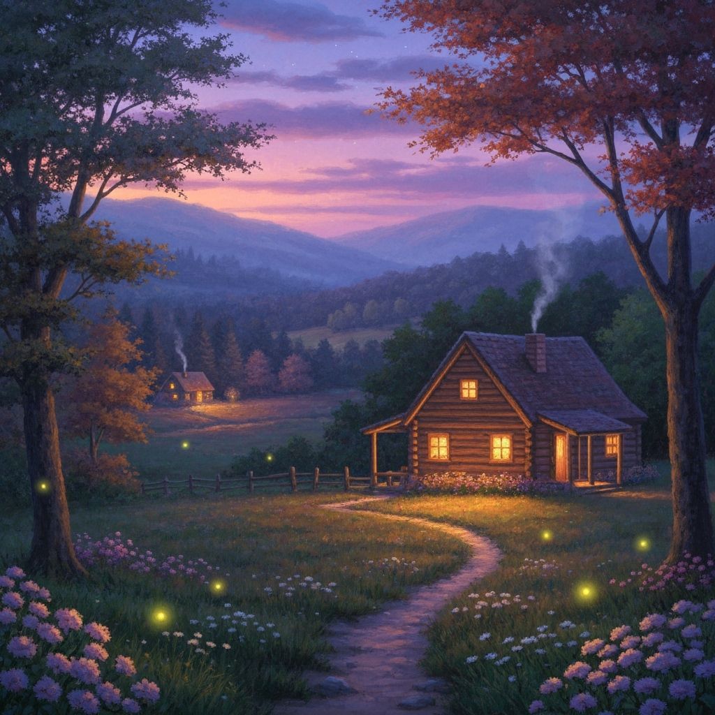 Cozy Rustic Cabin at Dusk in Thomas Kinkade Style