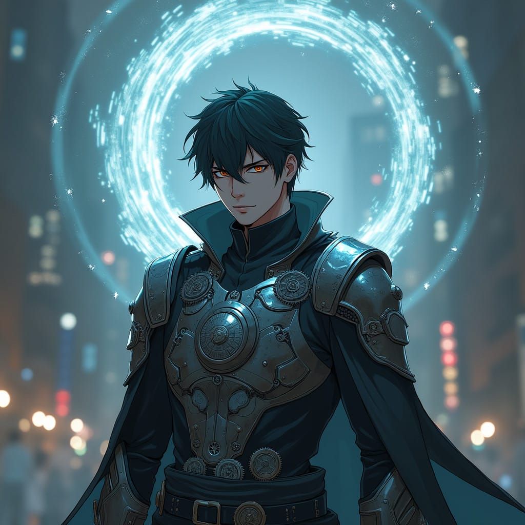 Warrior Amidst Timeless Vortex in Cyberpunk Style