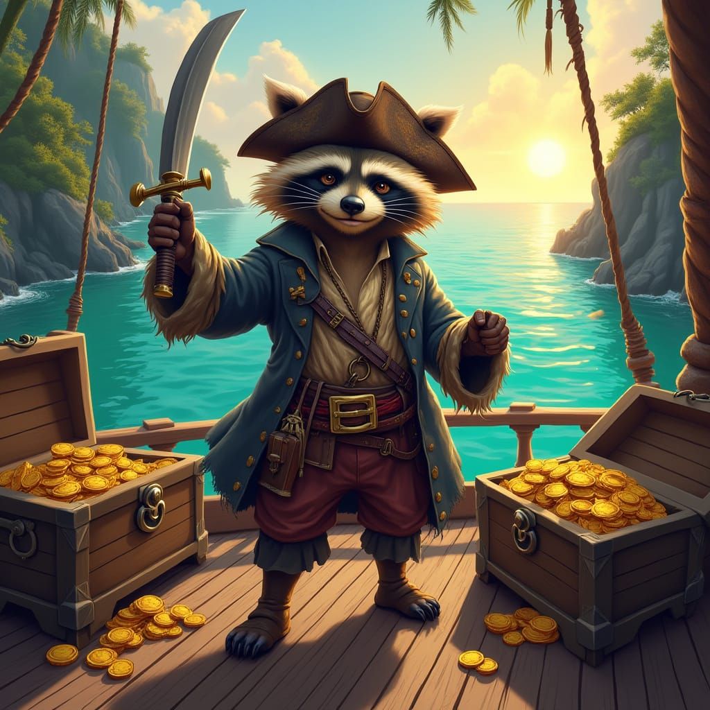 Raccoon Pirate Captain's Cove at Sunset