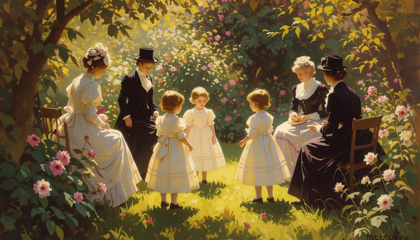 Victorian Garden Party Oil Painting with Children