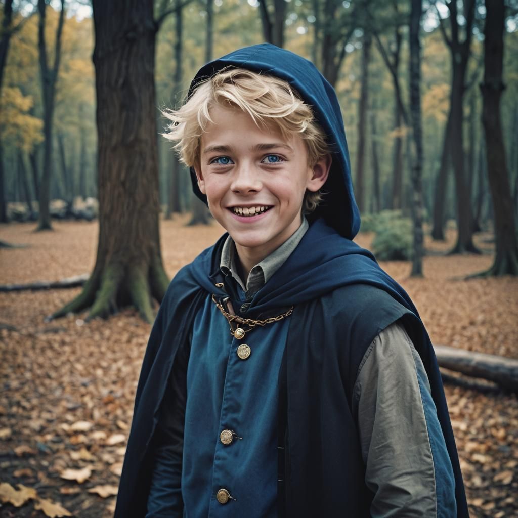 Teenage Boy with Blue Cape in Fantasy School