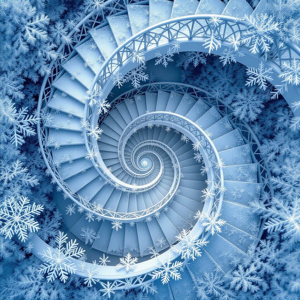 Endless Snowflake Spiral Staircase in Surreal Ice Crystal St...