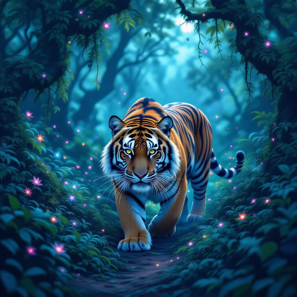 Nebula Tiger in Bioluminescent Forest