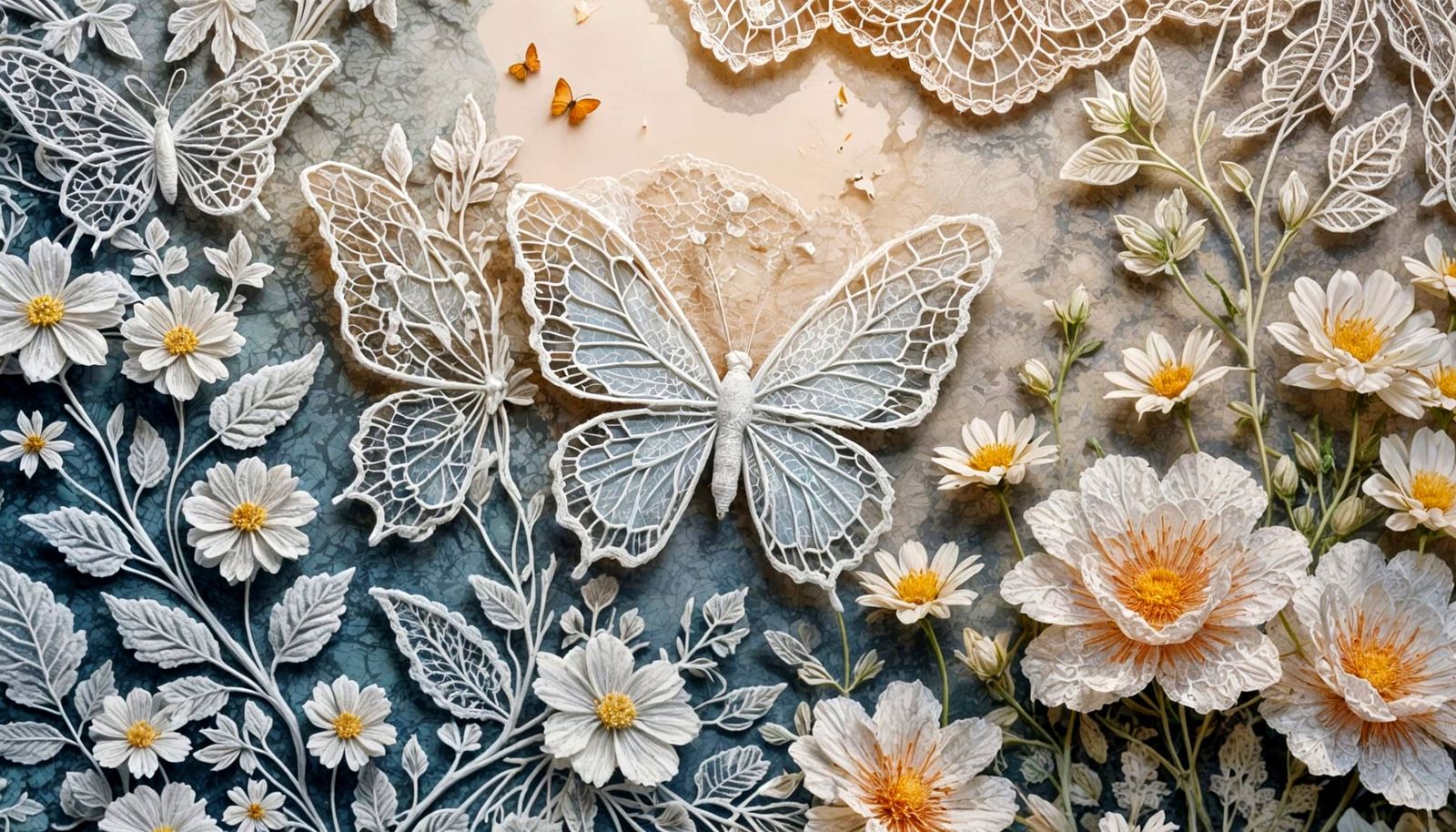 Lace Butterfly Watercolor Illustration in Double Exposure St...