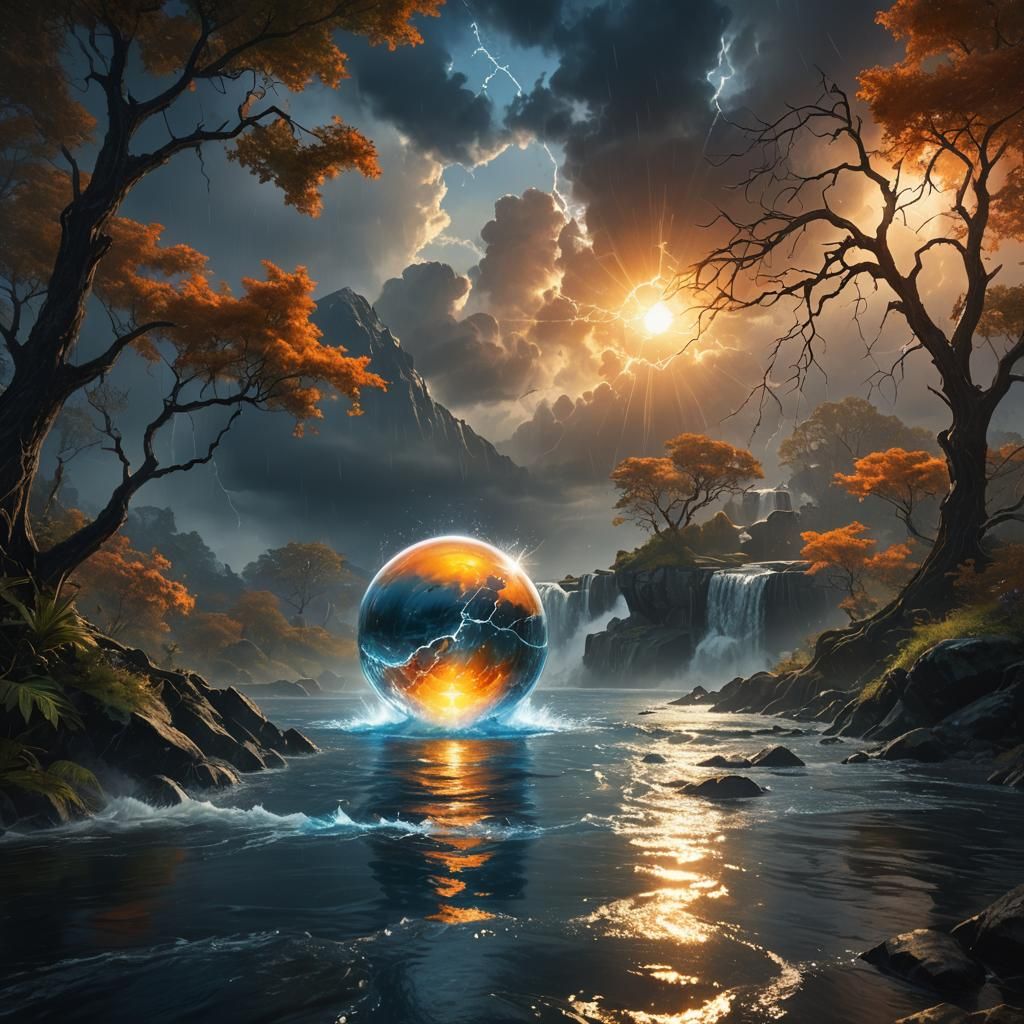 Glowing Water Orb in Stormy Weather, Fantasy Art