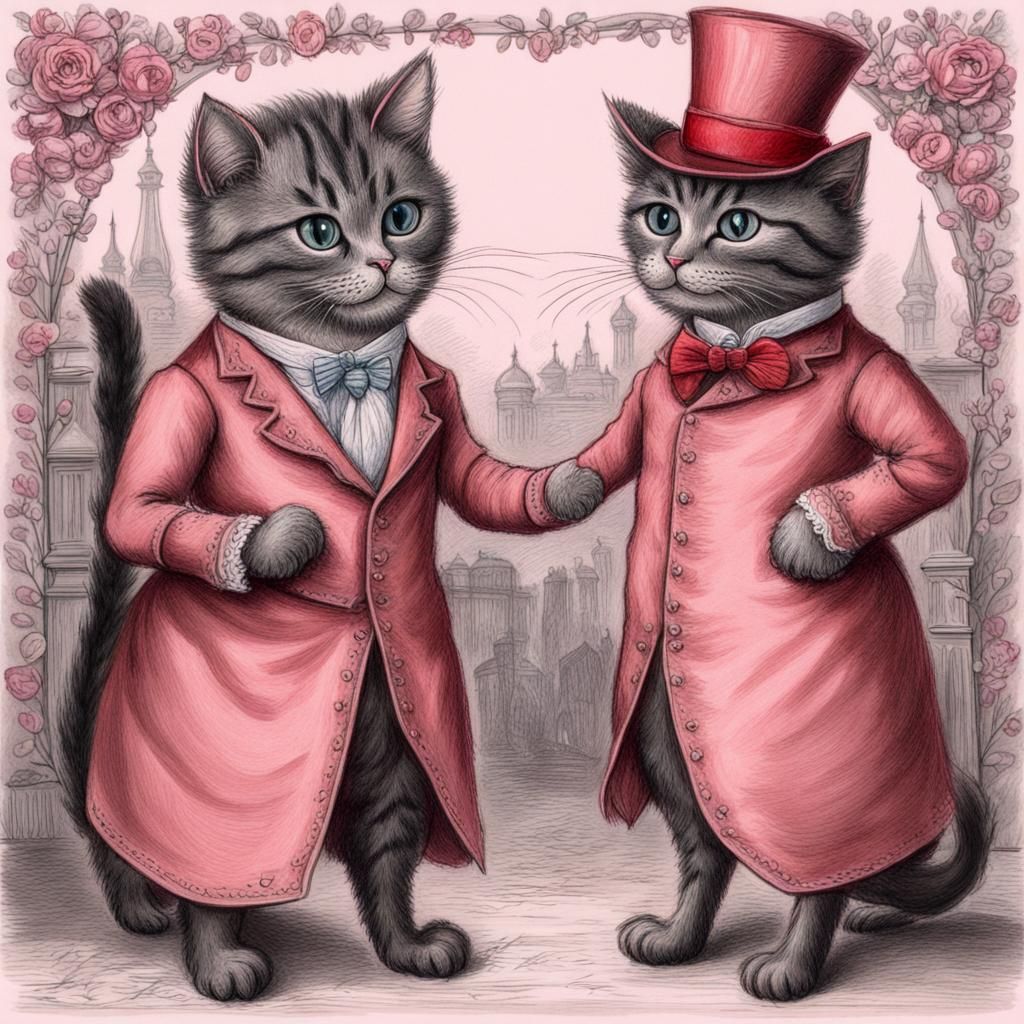 Victorian Cats Exchange Valentine's Cards as Charcoal Drawin...