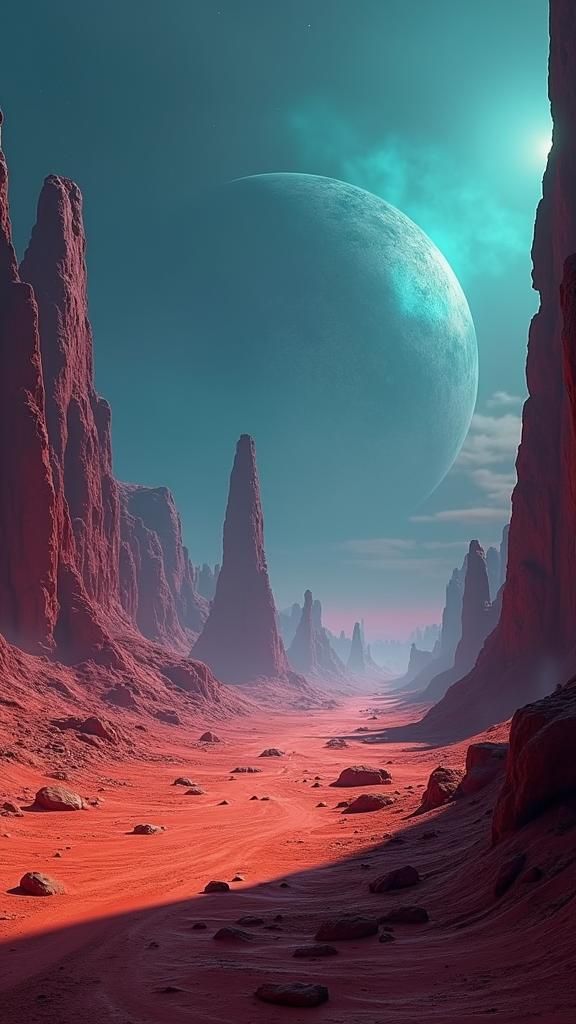 Crimson Martian Landscape with Alien Ruins