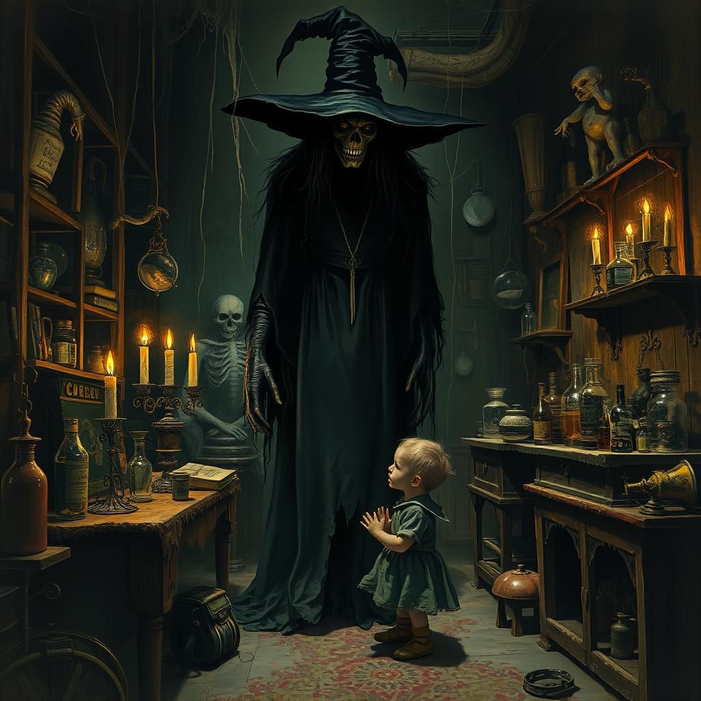 Creepy Witch and Child in Gothic Horror Room