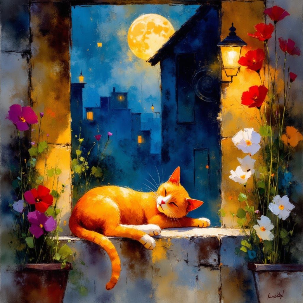 Warmth of a Tuscan Night: A Serene Cat in Window Sill