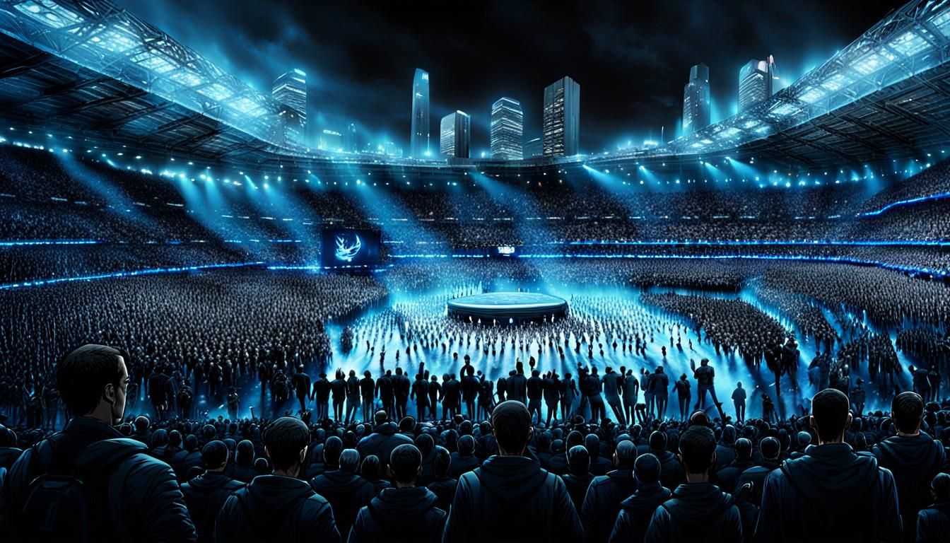 Dystopian Parade in High-Tech Stadium: Cinematic Art