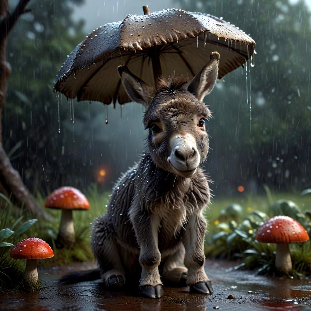 Tiny Baby Donkey Under Toadstool in Rainy Landscape