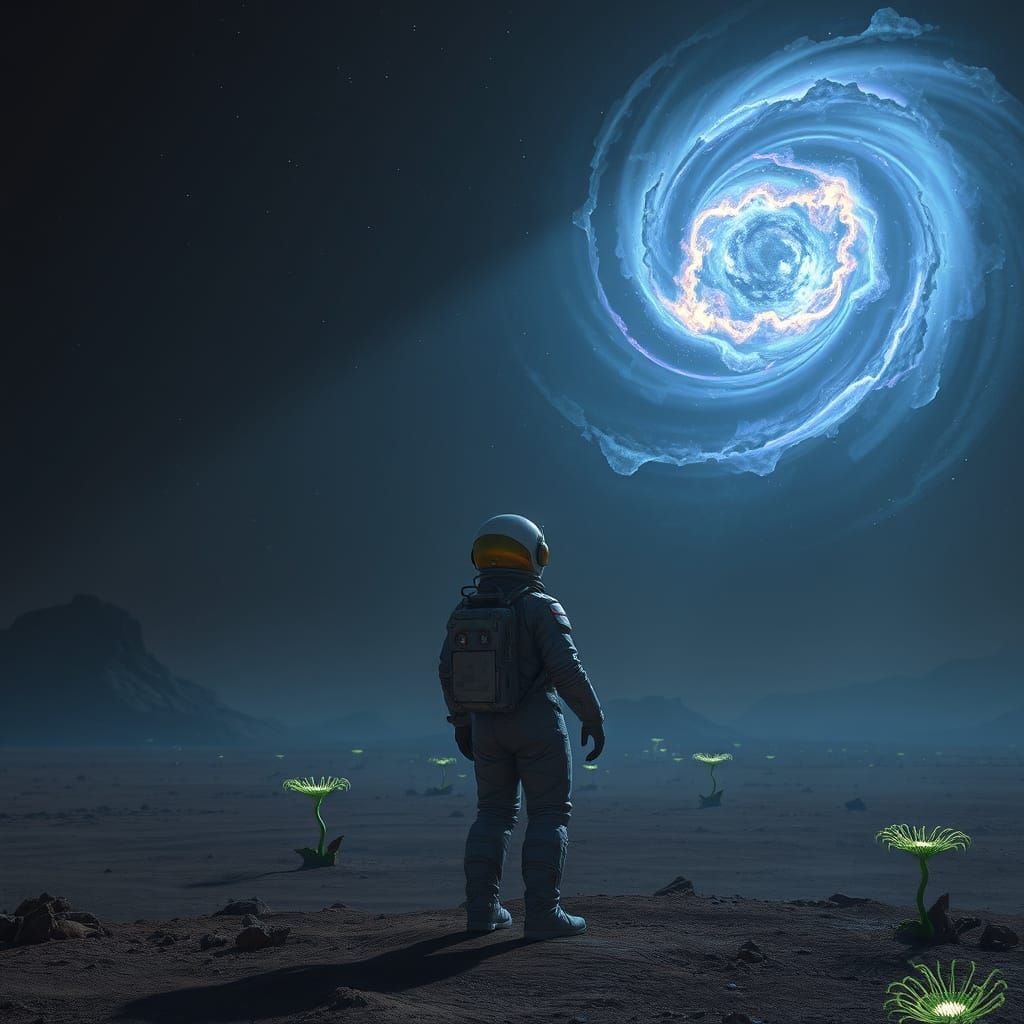 Astronaut on Alien Planet Gazing at Nebula