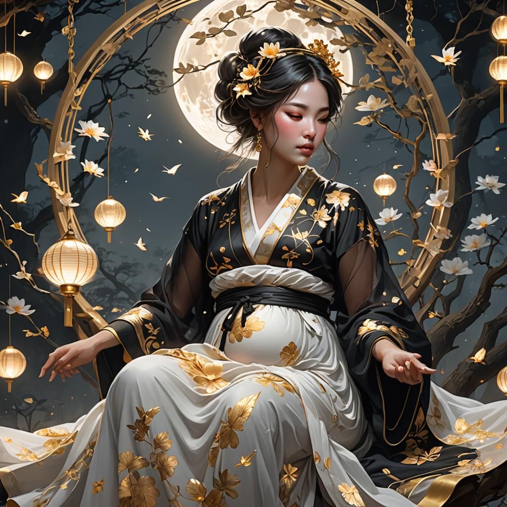 Pregnant Woman in Moonlight with Lanterns
