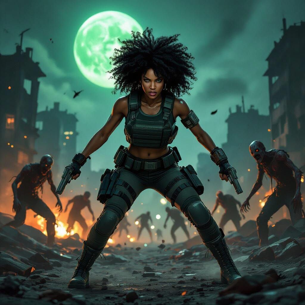 Black Woman Fights Zombies in Toxic Moonlit Cityscape