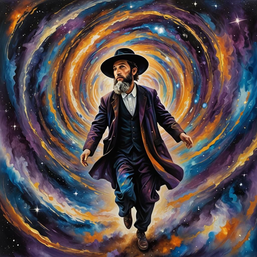 Orthodox Jew Enters Galaxy: Surrealist Oil Painting