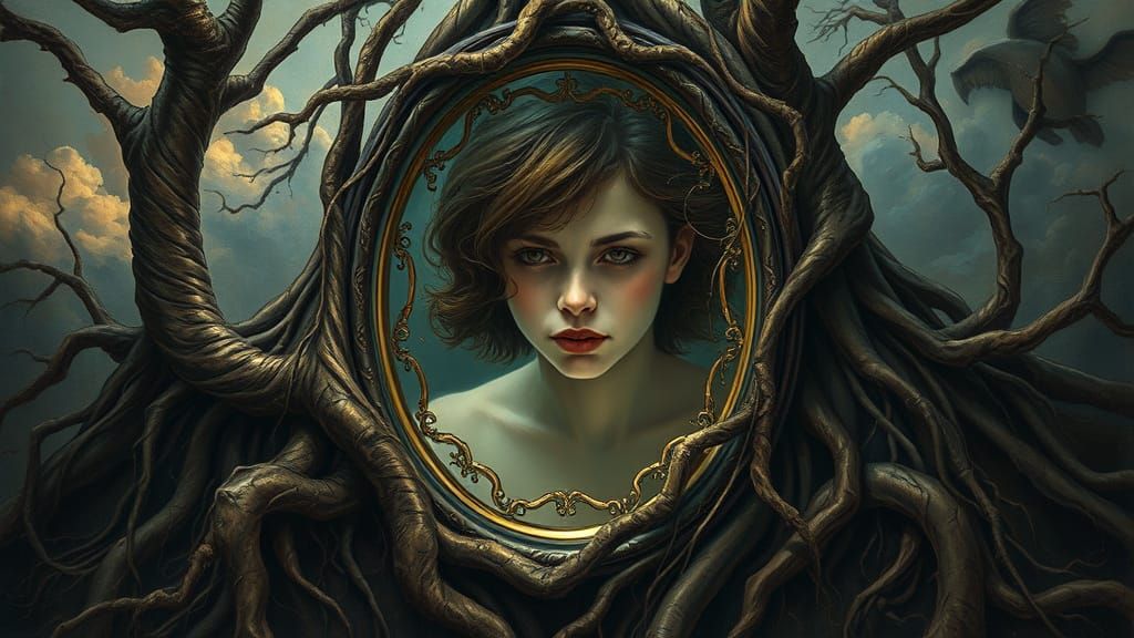 Mystical Mirror Reflection with Roots, in Chiaroscuro Style