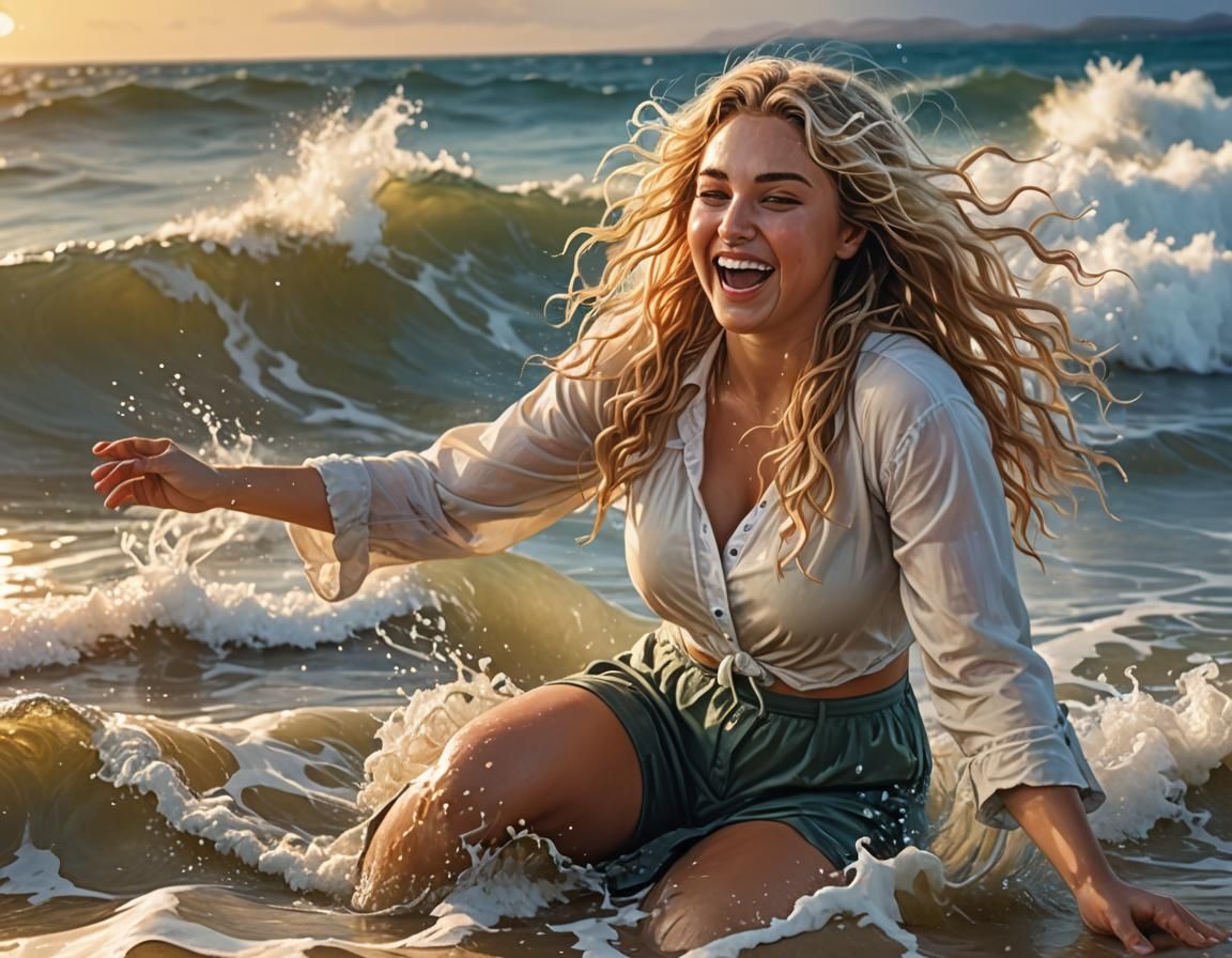Joyful Woman Washed by Wave: Photorealistic Beach Portrait