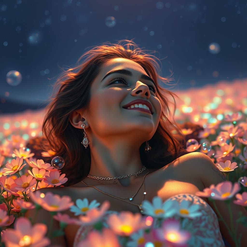 Young Woman Amidst Vibrant Bioluminescent Bloom in a Starry ...