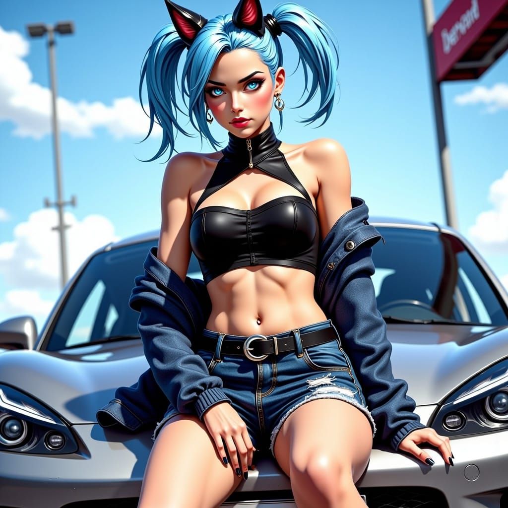 Blue-Haired Cat Woman in Manga Anime Style