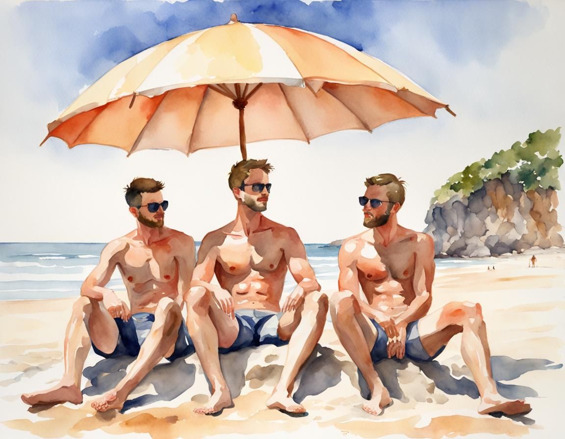 Watercolor painting of men with sunglases under a parasol