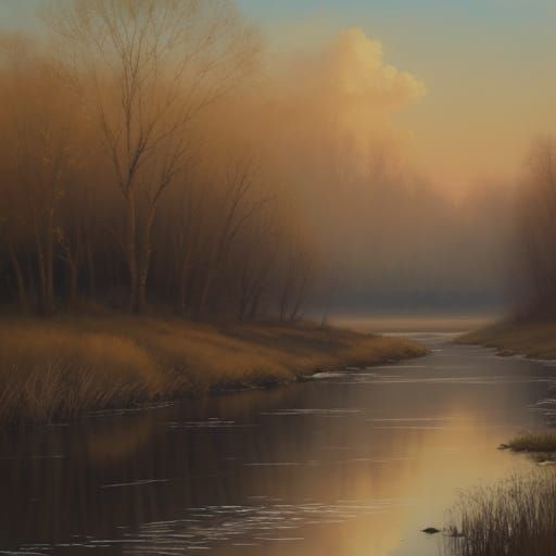 Fox by River in Soft Watercolor Style