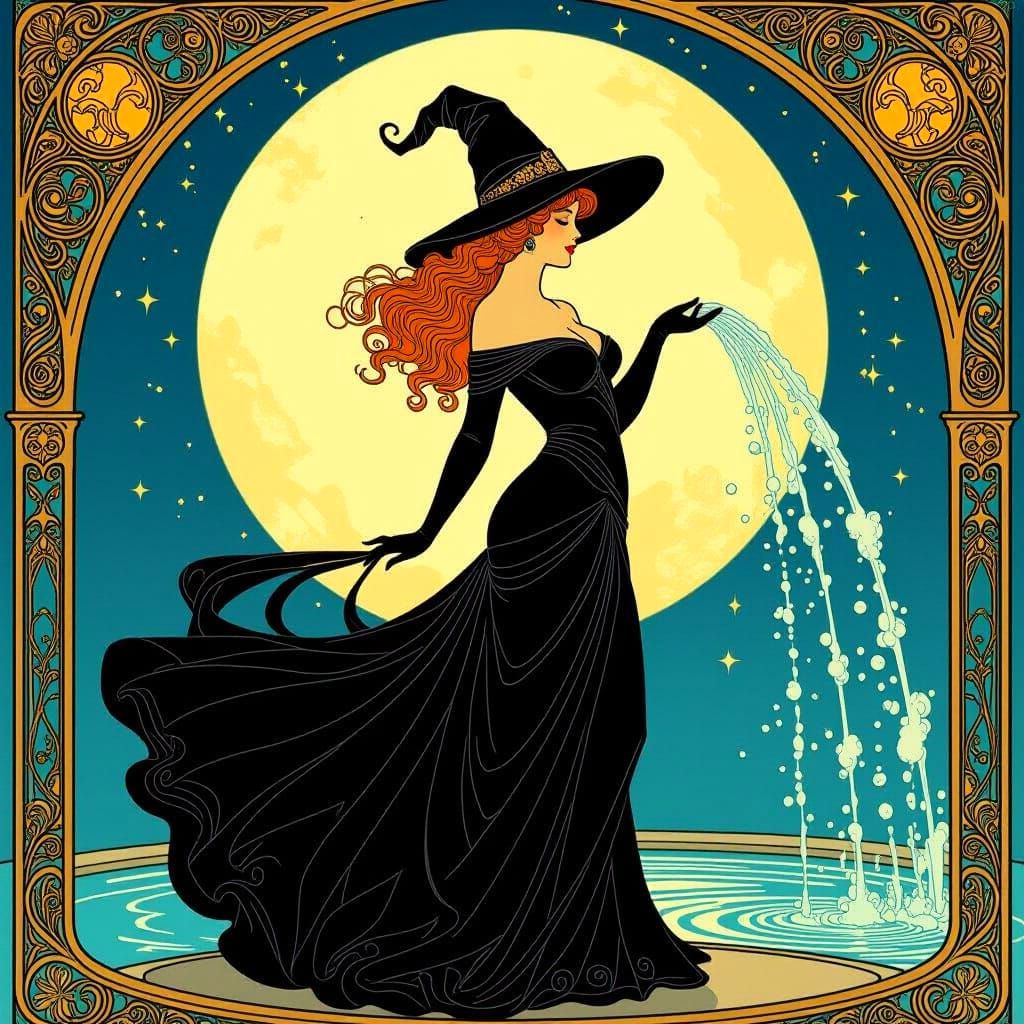 Art Nouveau Poster: Albino Femme Fatale & Roman Fountain