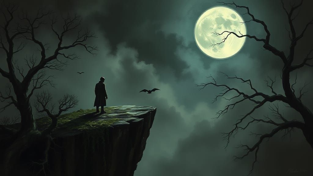 Eerie Moonlit Figure in Dramatic Landscape