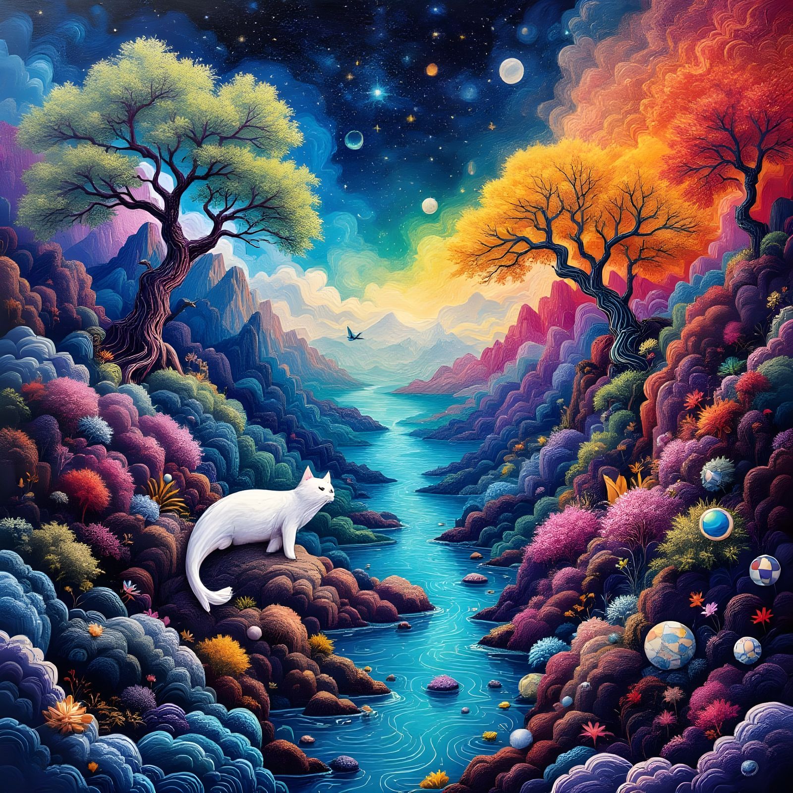 Vibrant Cat Mountains in a Whimsical, Surreal Landscape