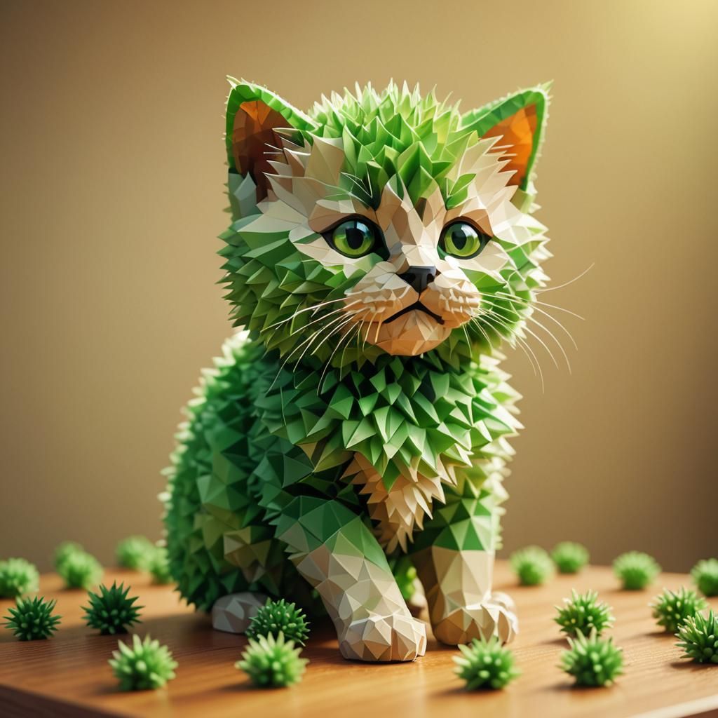 Glowing Chia Pet Kitten in Low-Poly Art