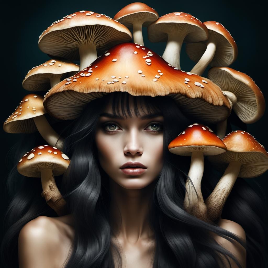 Surreal Mushroom Woman Emerging from Darkness