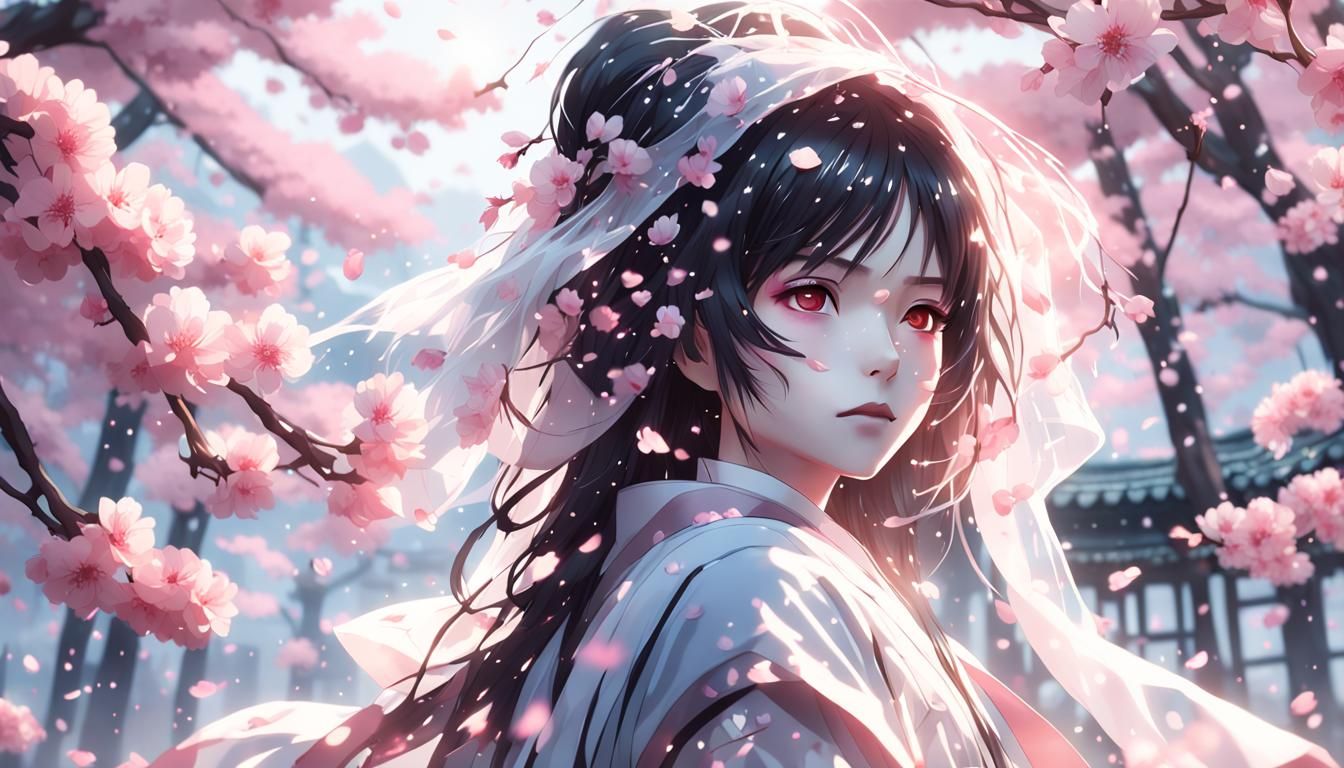 Sakura Veil: Surreal Anime Portrait in 3D