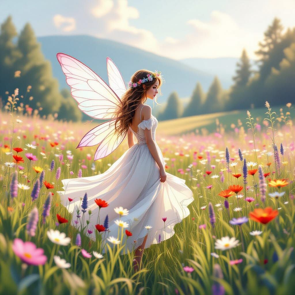 Pastel Fairy in Lush Meadow, Dreamy Art