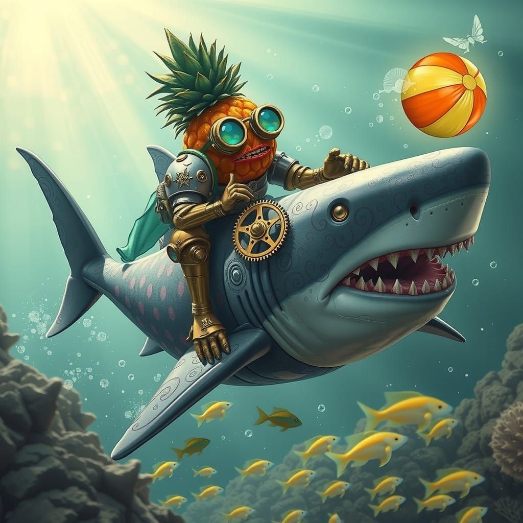 Whimsical Steampunk Pineapple Rides Shark in Pursuit of Ocea...