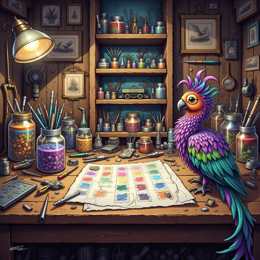 Detailed Hobby Table with Parrot and Art Style Lighting