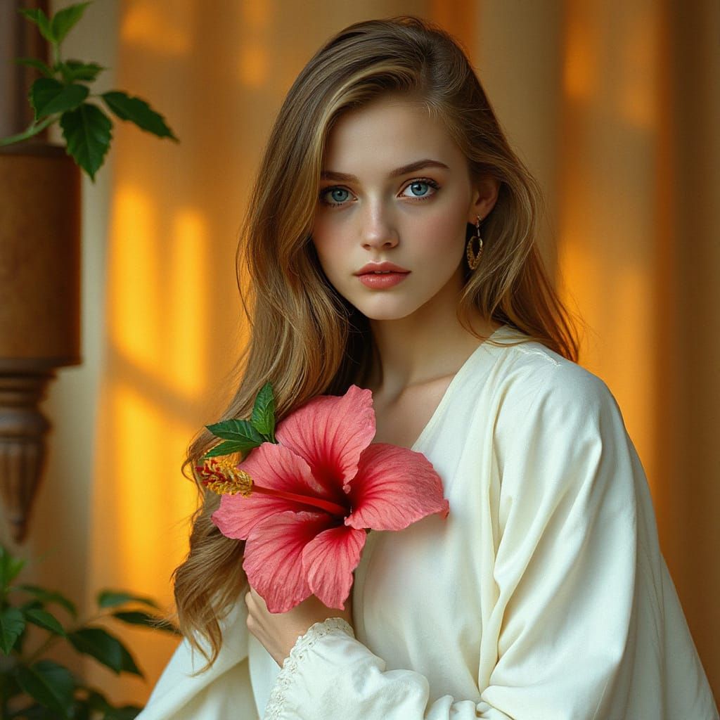 Woman with Hibiscus Flower in Romantic Style