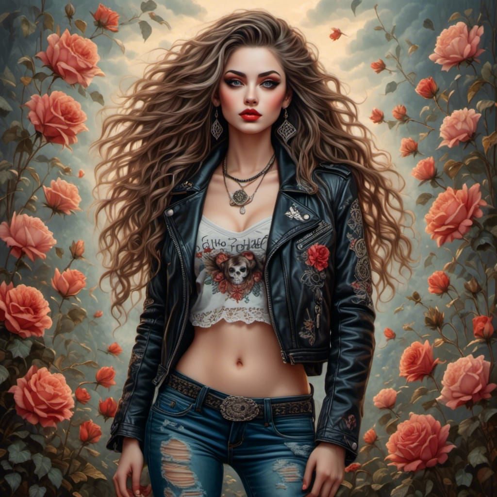 Beautiful Woman in Leather and Lace: Oil Painting