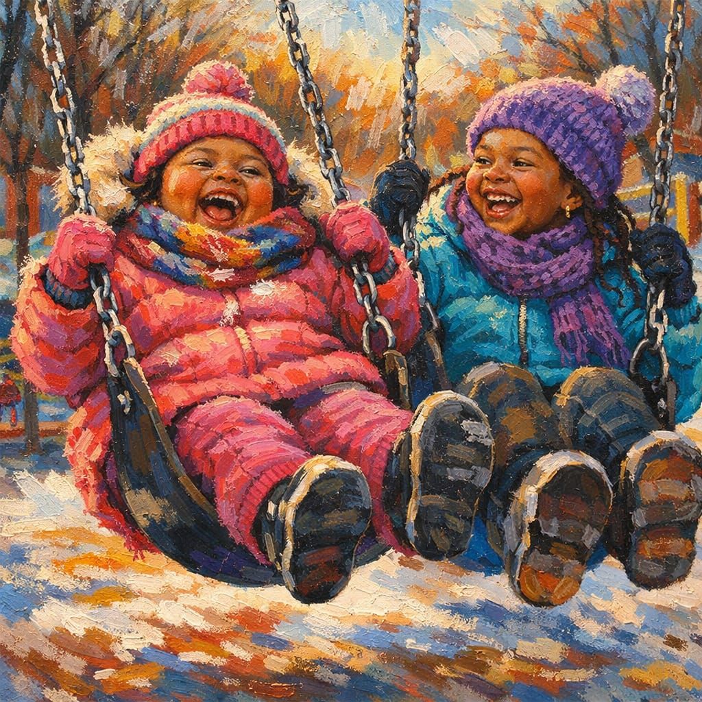 Joyful Sisters Swinging in a Colorful Park Scene