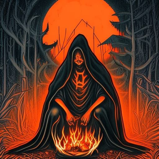 Gothic Horror: Hooded Figures Sacrifice Under Moonlight