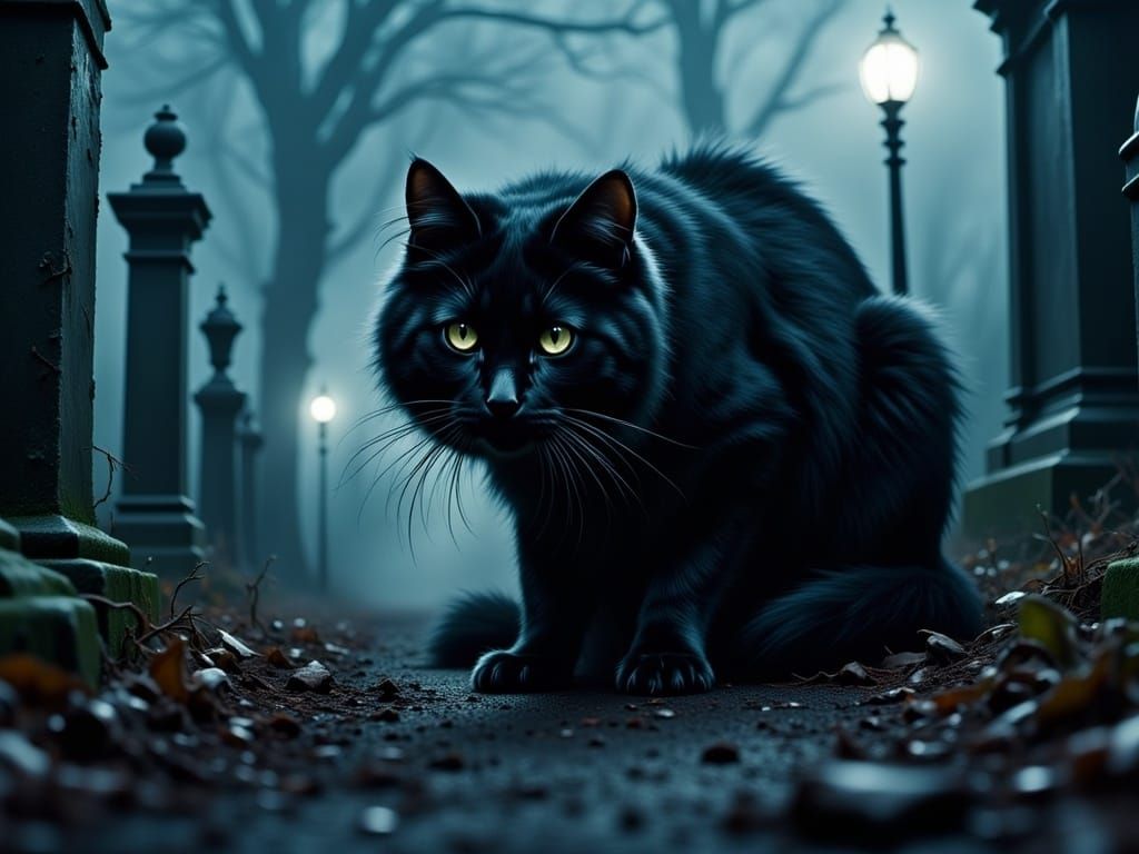Eerie Nighttime Scene of a Hyper-Realistic Black Cat in a Ce...